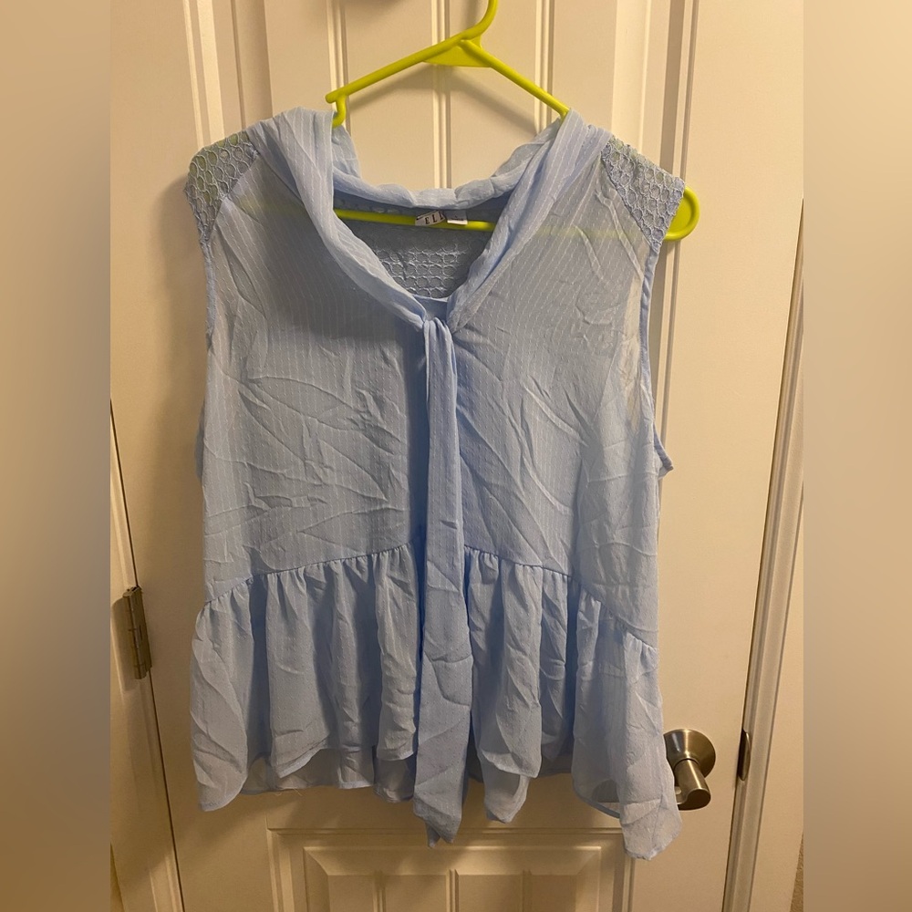 ELLE L Top Blue Sleeveless Blouse Large Shirt Tie Front Ruffle Bottom Sheer Lg